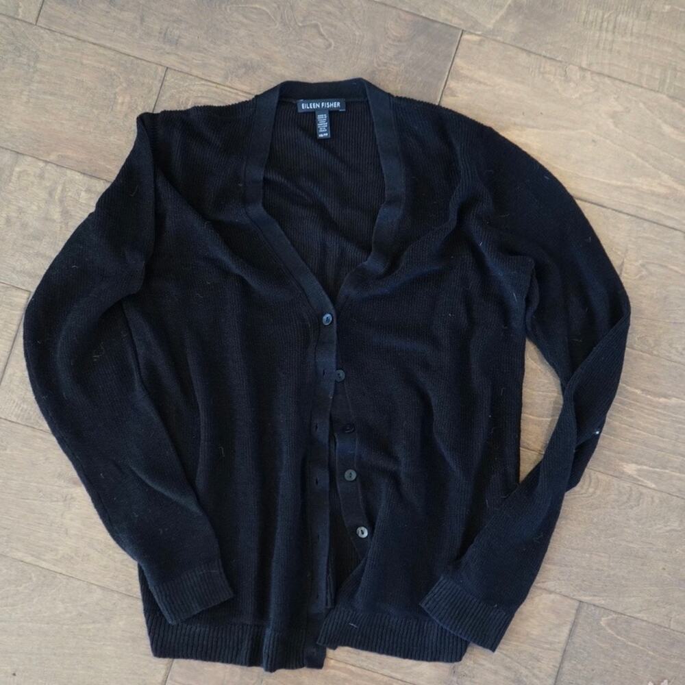 Eileen Fisher Long Sleeve Ribbed Linen blend Cardigan Sweater Black Womens SZ XS
